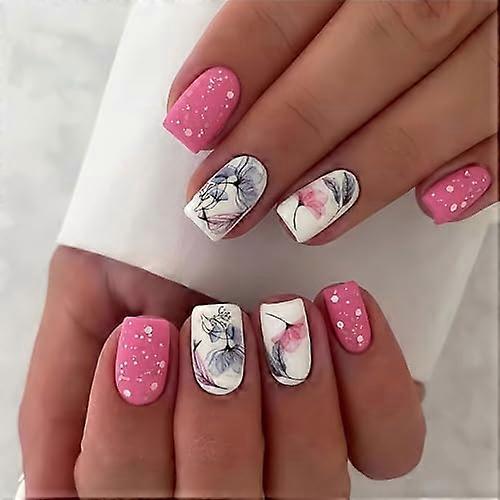 Short Square Floral Press On Nails Kit with Reusable Matte Tips for Spring Summer, 24pcs