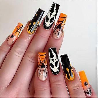 Halloween Coffin Press On Nails 24pcs Long Acrylic False Nail Set with Ghost and Spider Web Designs