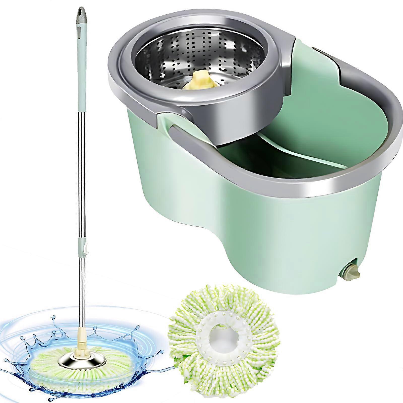 Spin Mop and Bucket Set with Builtin Wringer, Large Capacity, 2 Microfiber Heads, Telescopic Handle