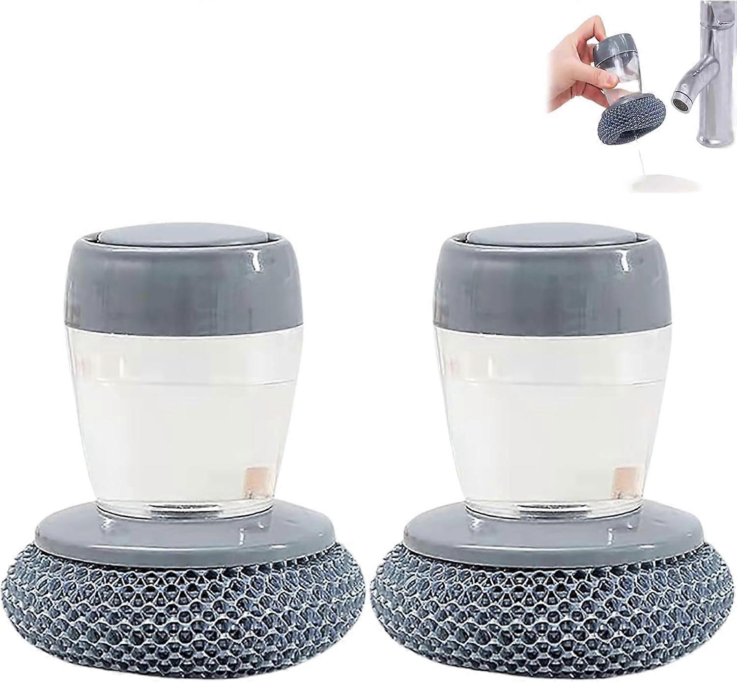 Soap Dispensing Dish Brush with Builtin Dispenser, NonSlip Grip, Replaceable Head, 2 Pack