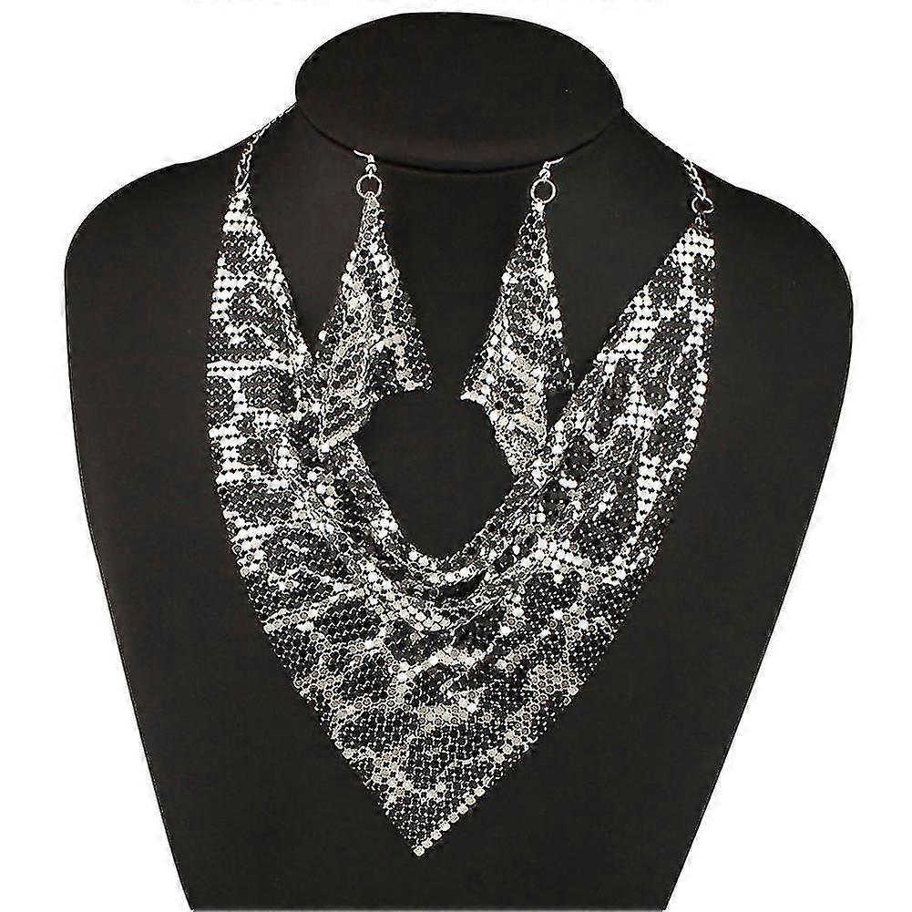 2Pcs/Set Women Triangular Scarf Sequins Charm Statement Bib Necklace Earrings