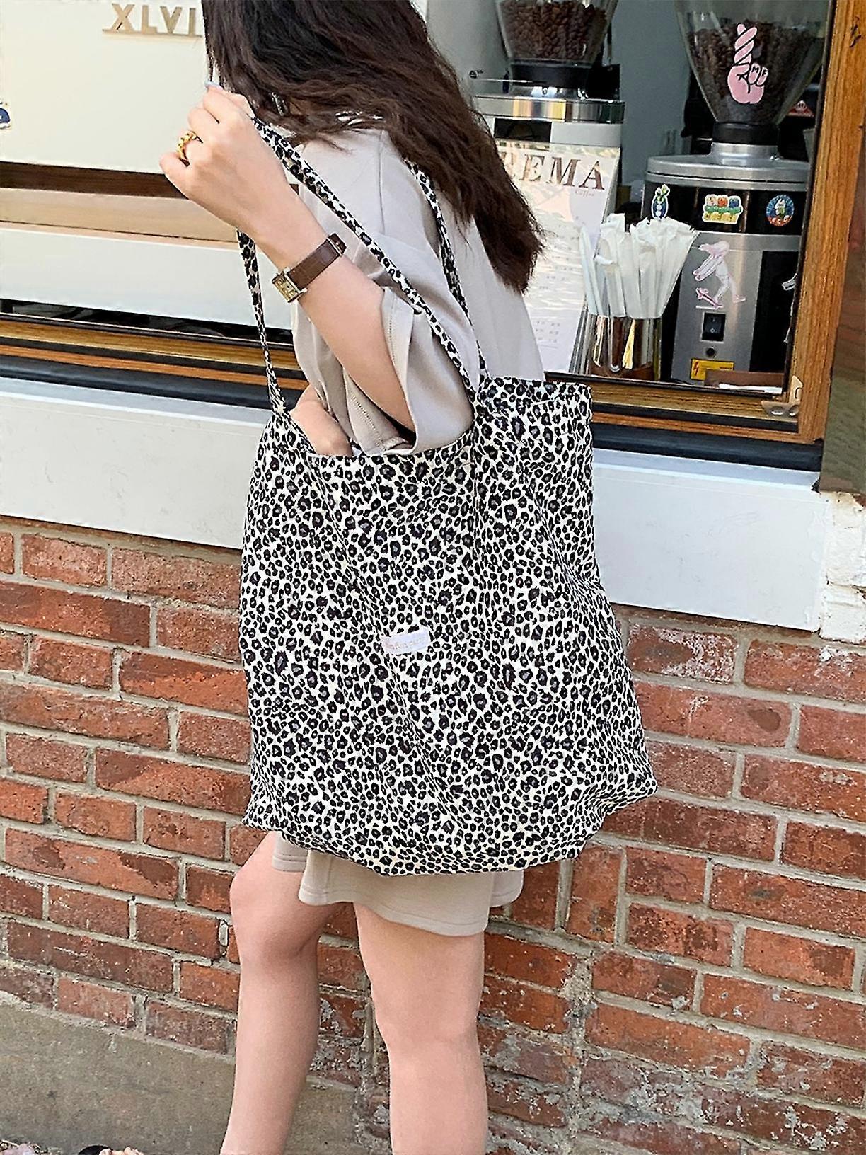 Leopard Print Tote Bag, White Canvas, For Commuting