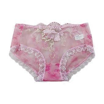 Women Panties Rose Embroidery Flower Print Mid Waist Stretch See-through Lace Sexy