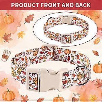 White Autumn Dog Collar with Pumpkin and Coffee Cup Print, Adjustable Polyester Strap for Small to Medium Breeds