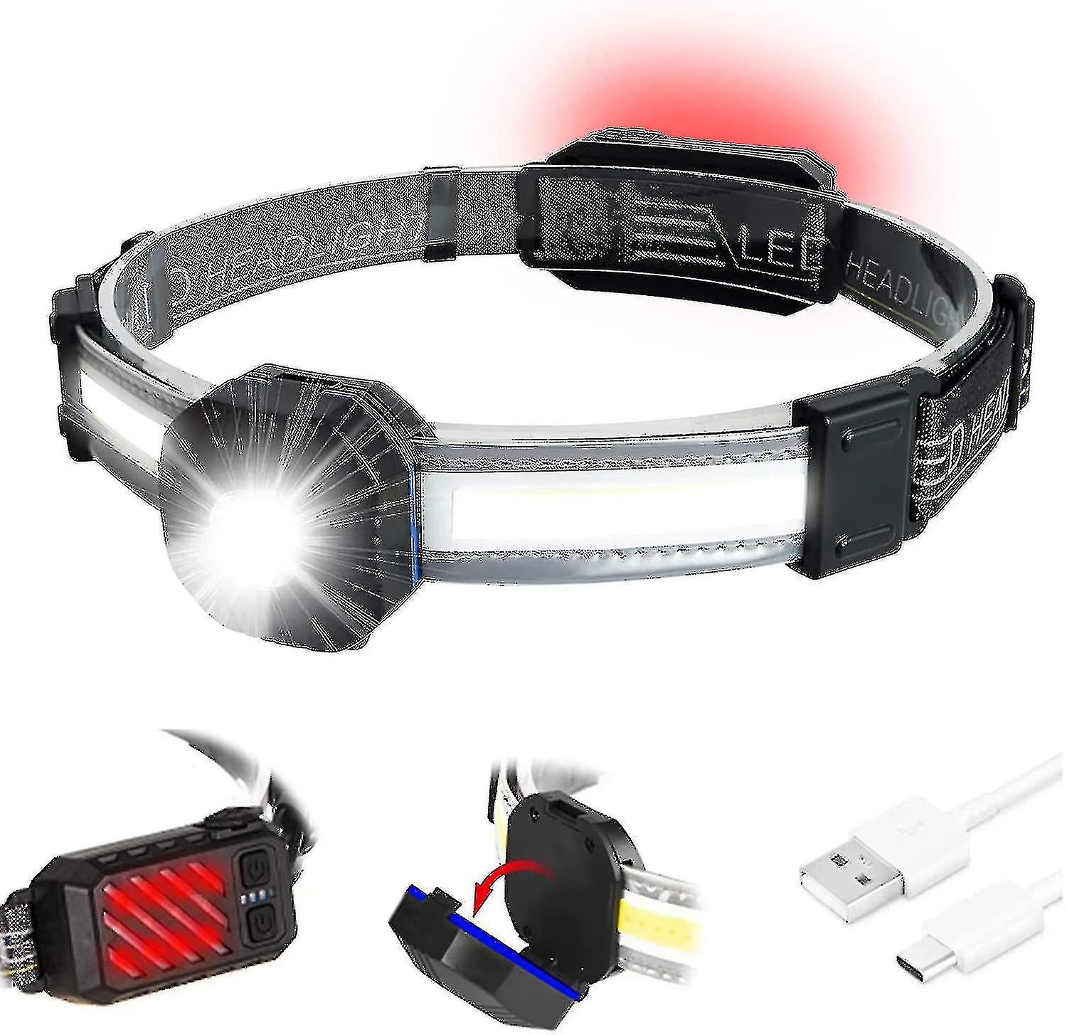 Usb Rechargeable Light With Mini Cob Headlight With Red Light Warning