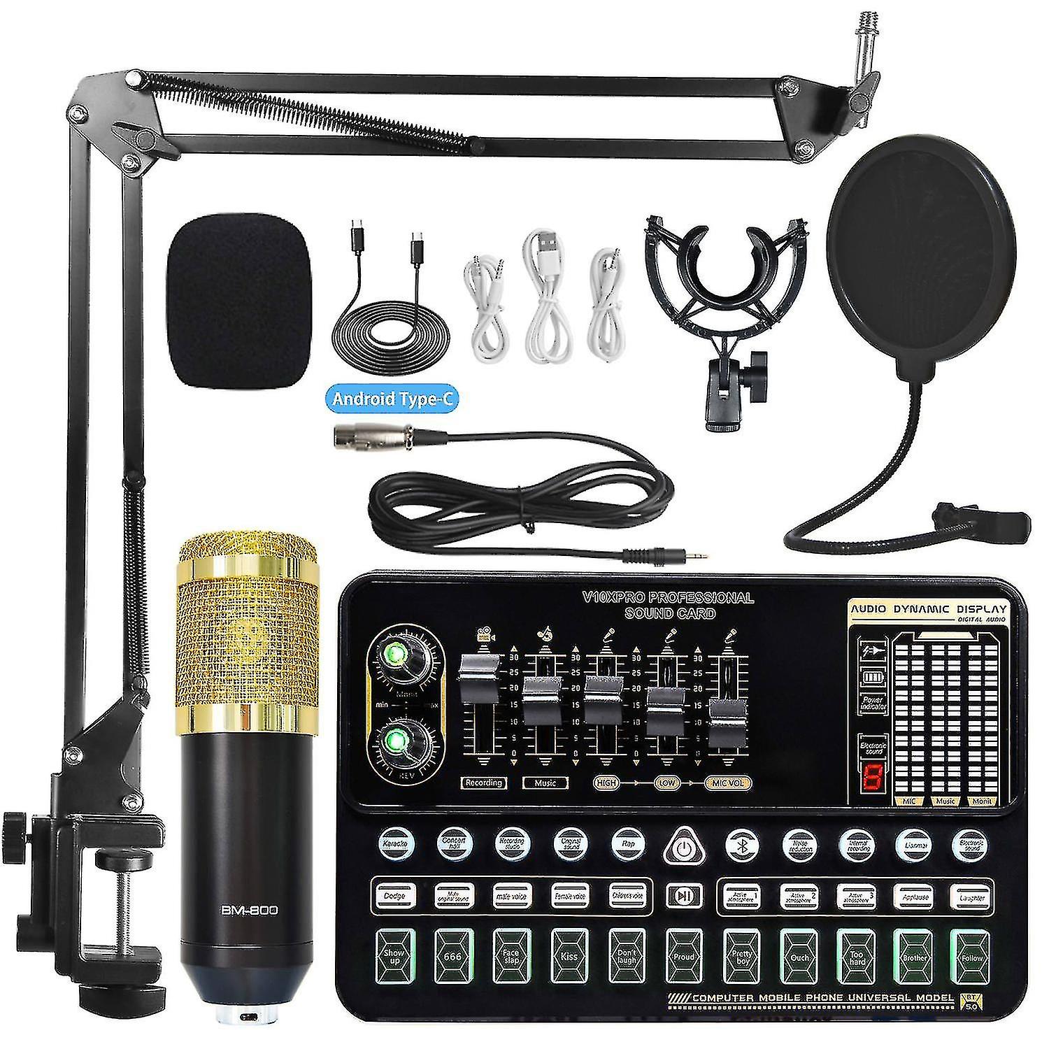 Professional Recording Studio Audio Set Of External Live Karaoke Microphone Sound Card-black-gold