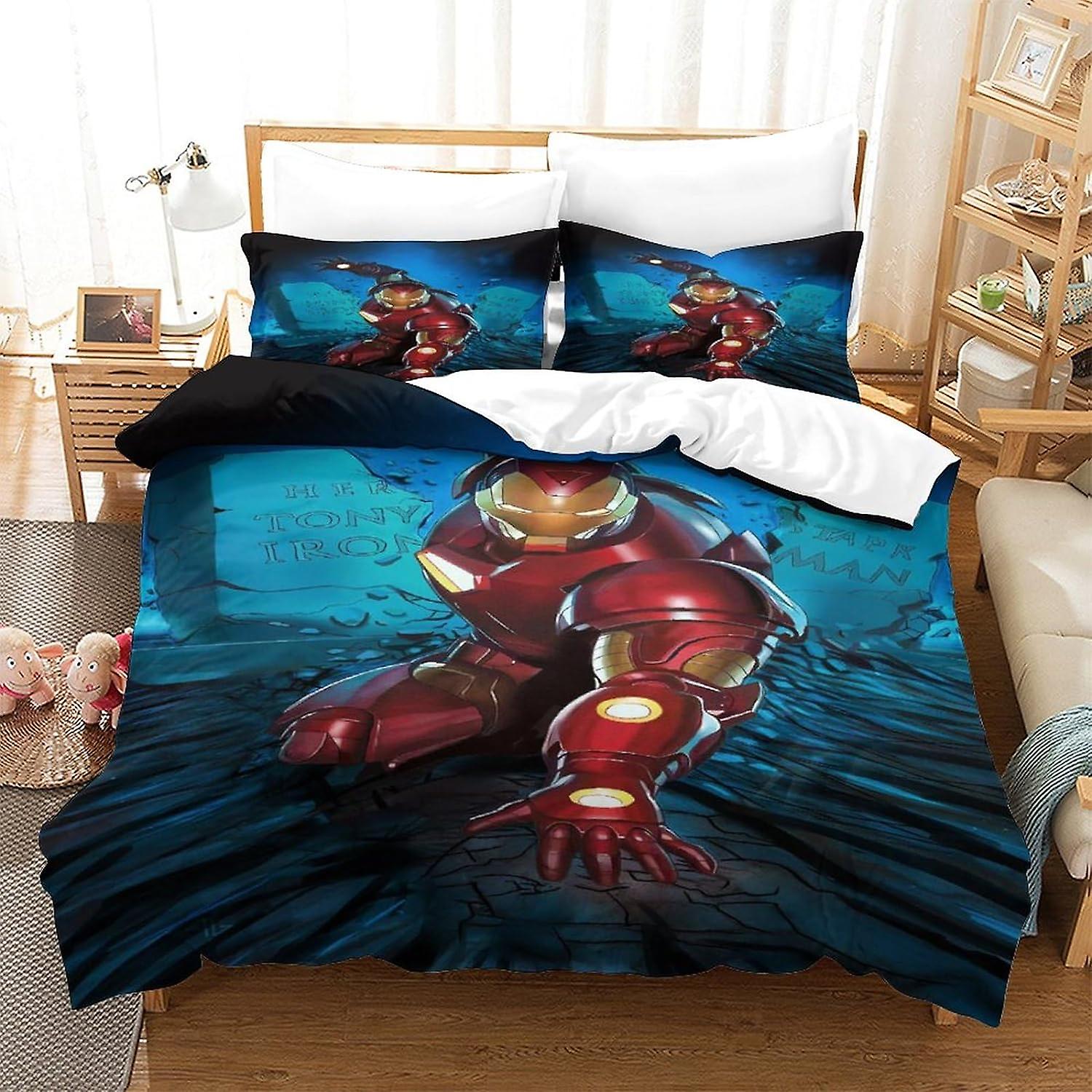 EKENOZ 3D Printed Iron Man Bedding Set Superhero Comforter Cover with Pillowcase 3 Pcs,Duvet Cover with Zipper Closure,Soft Microfiber Quilt Cover Dou