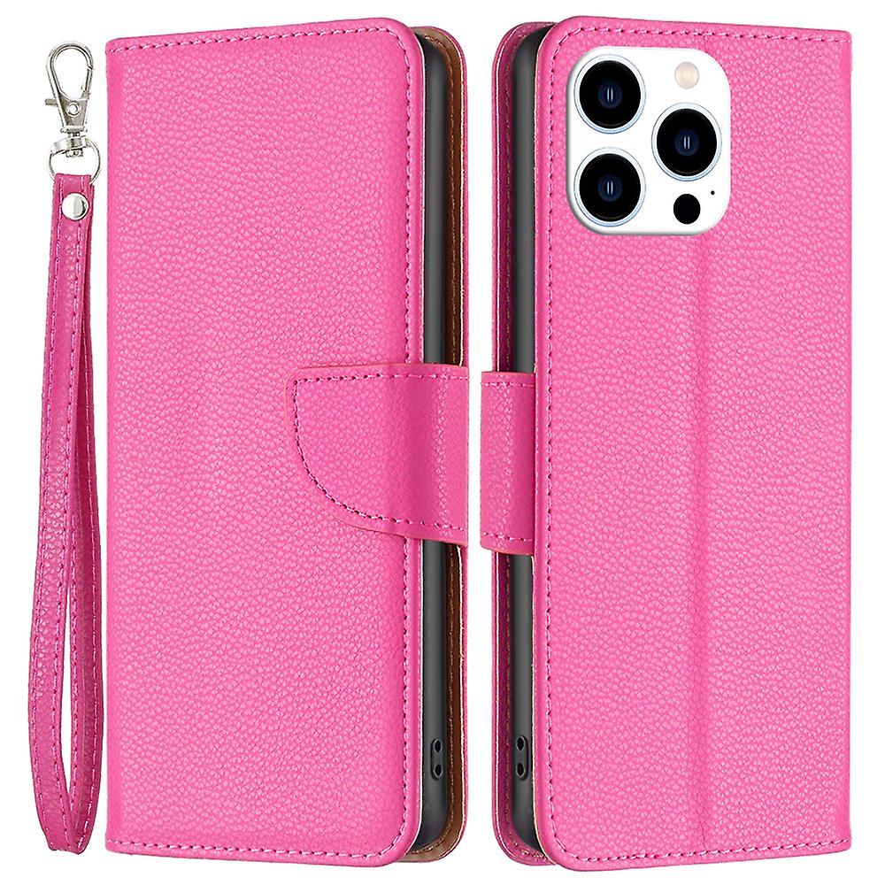 For iPhone 16 Pro Wallet Phone Case Litchi Texture Solid Color Leather Flip Cover - Rose