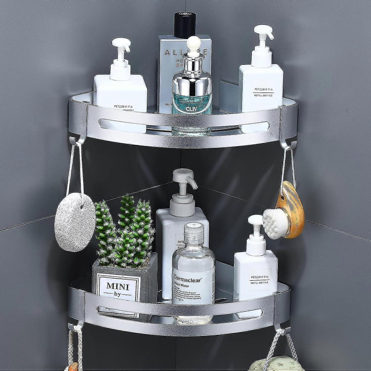 Undrilled Bathroom Shelf, Corner Spice Rack, Metal Kitchen Wall Shelf With 4 Hooks, Shower Holder, Shower Caddy Adhesive Installation (silver, 2-layer