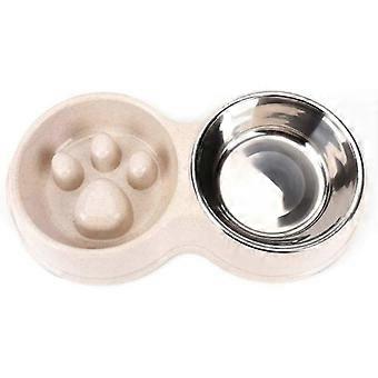 2 i 1 dobbel Anti Glutton Dog Bowl For katt, rustfritt stål Sklisikker Glutton Dog Bowl Bowl Hvit