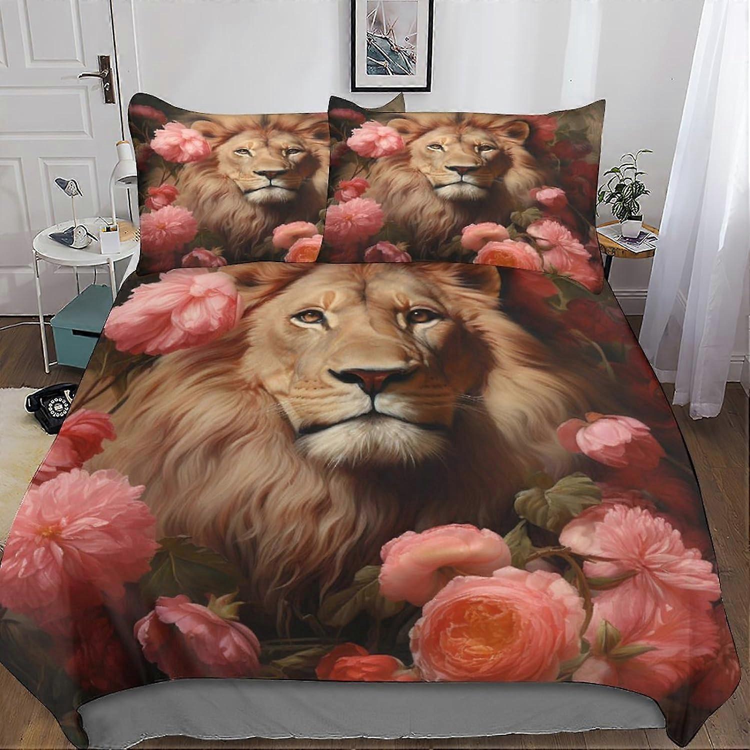Lion 3D Print Duvet Cover Set Cyber Flower Bedding Set with Zipper Closure, Soft Microfiber 3 Piece with Pillowcases for Kids and Adults