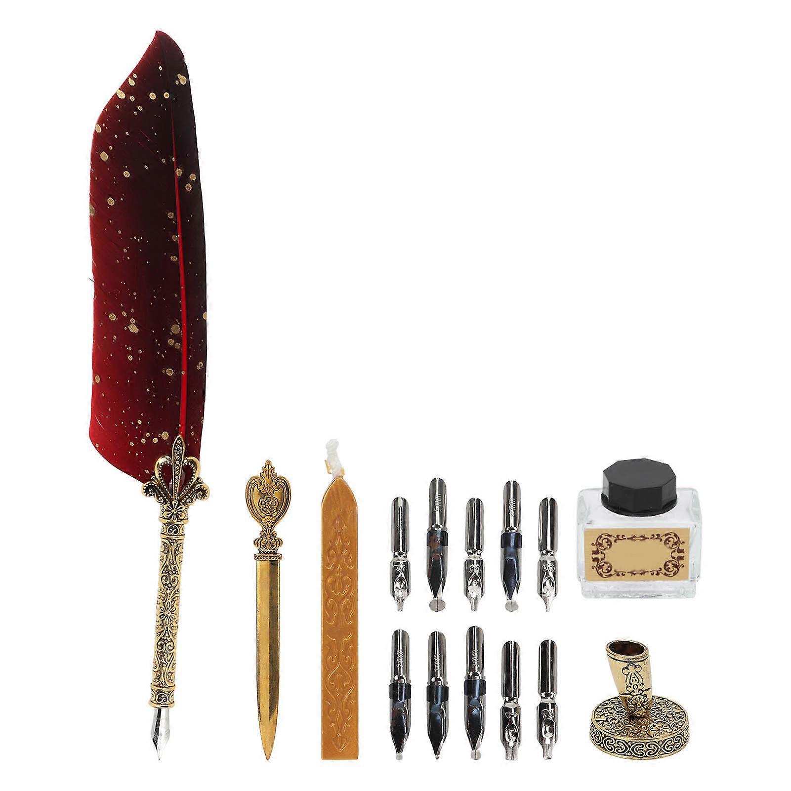 Quill Pen Set Exquisite Retro Smoothing Writing Feather Pen Caligraphy Pen Kit with Multiple Replacement Nibs Red