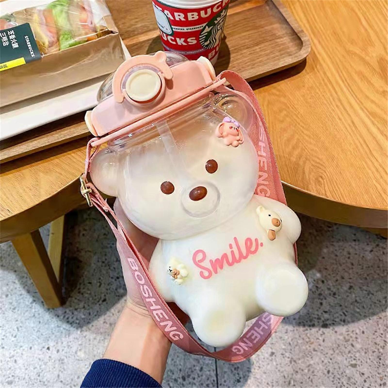 Straw Water Bottle With Integrated Carrying Loop, Removable Shoulder Strap, Made Of Durable Plastic