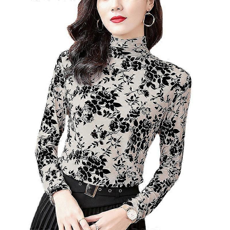 JWL-Korean Fashion Mesh Women Blouses Floral Office Lady Shirt and - Main Image