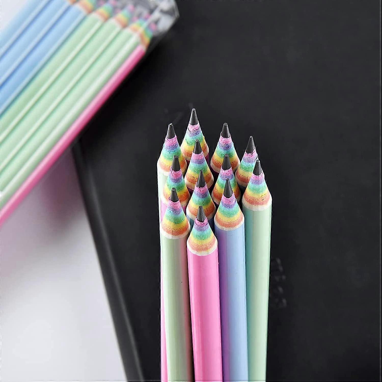 12 Regenbogen Bleistifte Pastellfarben - Vorgespitzt Mit Radiergummi Für Schule & Büro