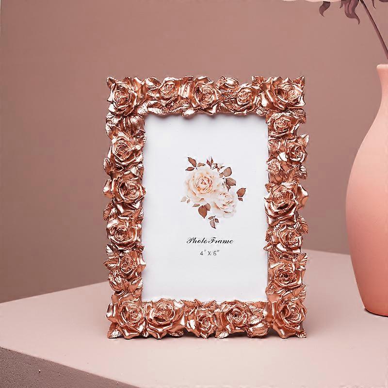 4x6 Picture Frame with Rose Flower and Buds Carvings, Vintage (Rose Gold)