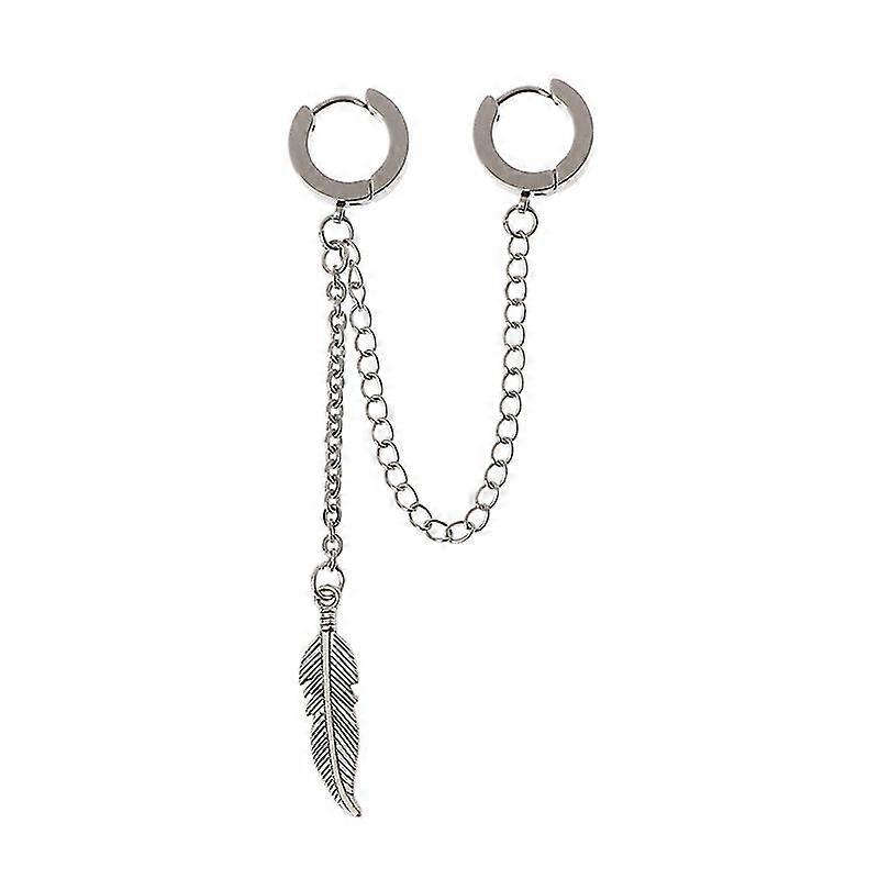 Trendy Titanium Feather Pendant Dangle Earrings Double Long Chain Leaf Earrings