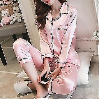 Kvinnor Satin Silk Look Nattkläder Pyjamas Långärmad Nattkläder Set bra