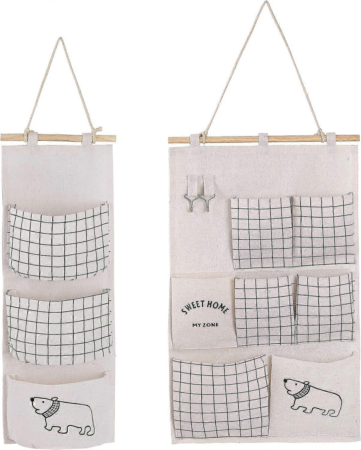 2 designs of linen (beige) wall storage bags with small pockets for home and office