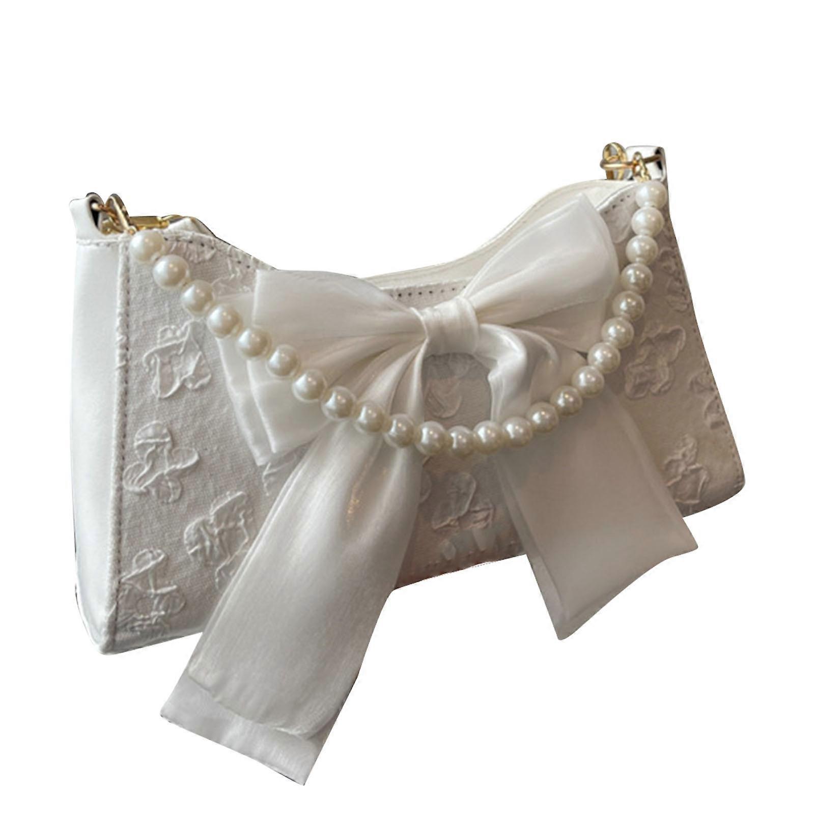 Borsa a tracolla da donna di dimensioni libere bianca Pearl String Bow Tie Canvas Borsa da donna con tracolla regolabile di grande capacità