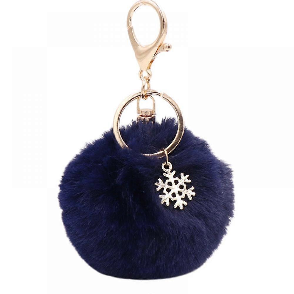 Navy blue Snowflake Pom Pom Keychain Artificial Fur Ball Keychain Fluffy Accessories Car Bag Charm