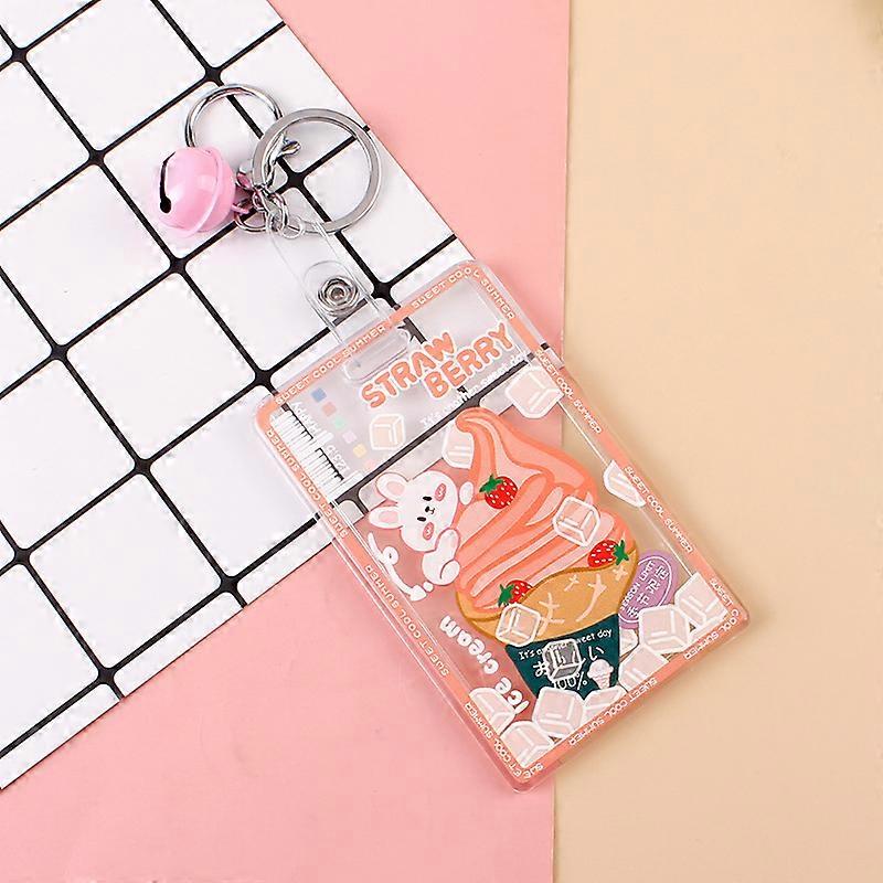 Business Credit Card Holder Case Acrylic Transparent Cartoon Card Case for Girl Boy ID Holders Badge Cover with Bell Keychain