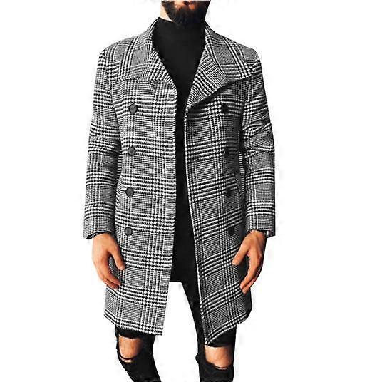 Plaid Double Breasted Wool Coat Male Slim Medium-Length Wool Coat