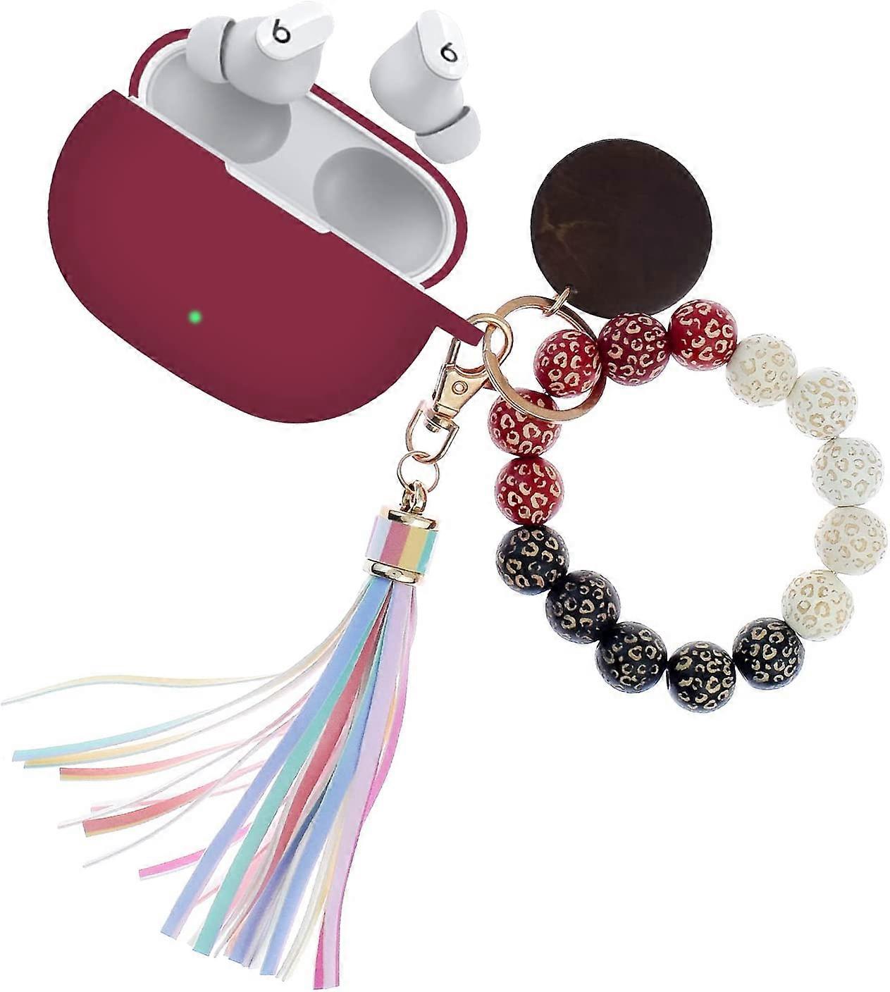 Compatible with Beats Studio Buds 2021 Silicone Case Cover with Keychain for Women Cute Leopard Pattern Wood Bracelets Colorful Tassel Keychain Purple