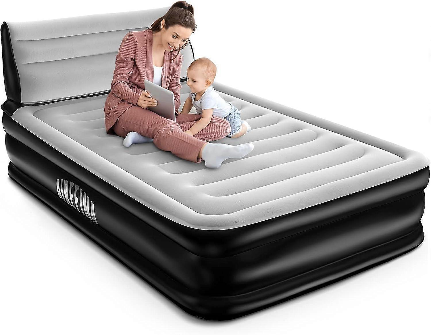 efina Queen Air Mattress with Headboard, Full-Size Inflatable Bed with Built-in Pump, Comfortable Flocked Surface for Ho