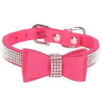Suede Microfiber Double Bowknot Crystal Sparkle Rhinestone Cat Collar Pet SupplyRose Red XS 30x1.5cm