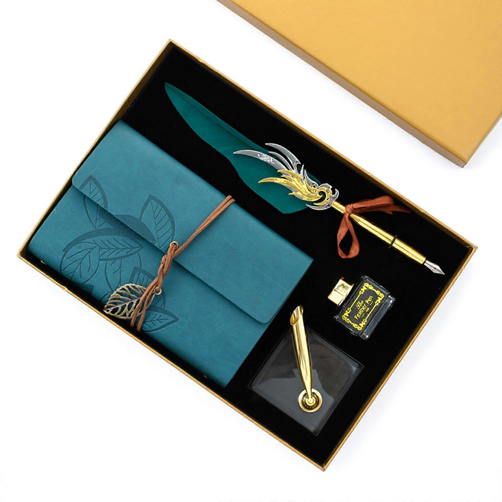Retro Calligraphy Feather Dip Fountain Pen Writing Ink Notebook Set Base Stationery Gift Box
