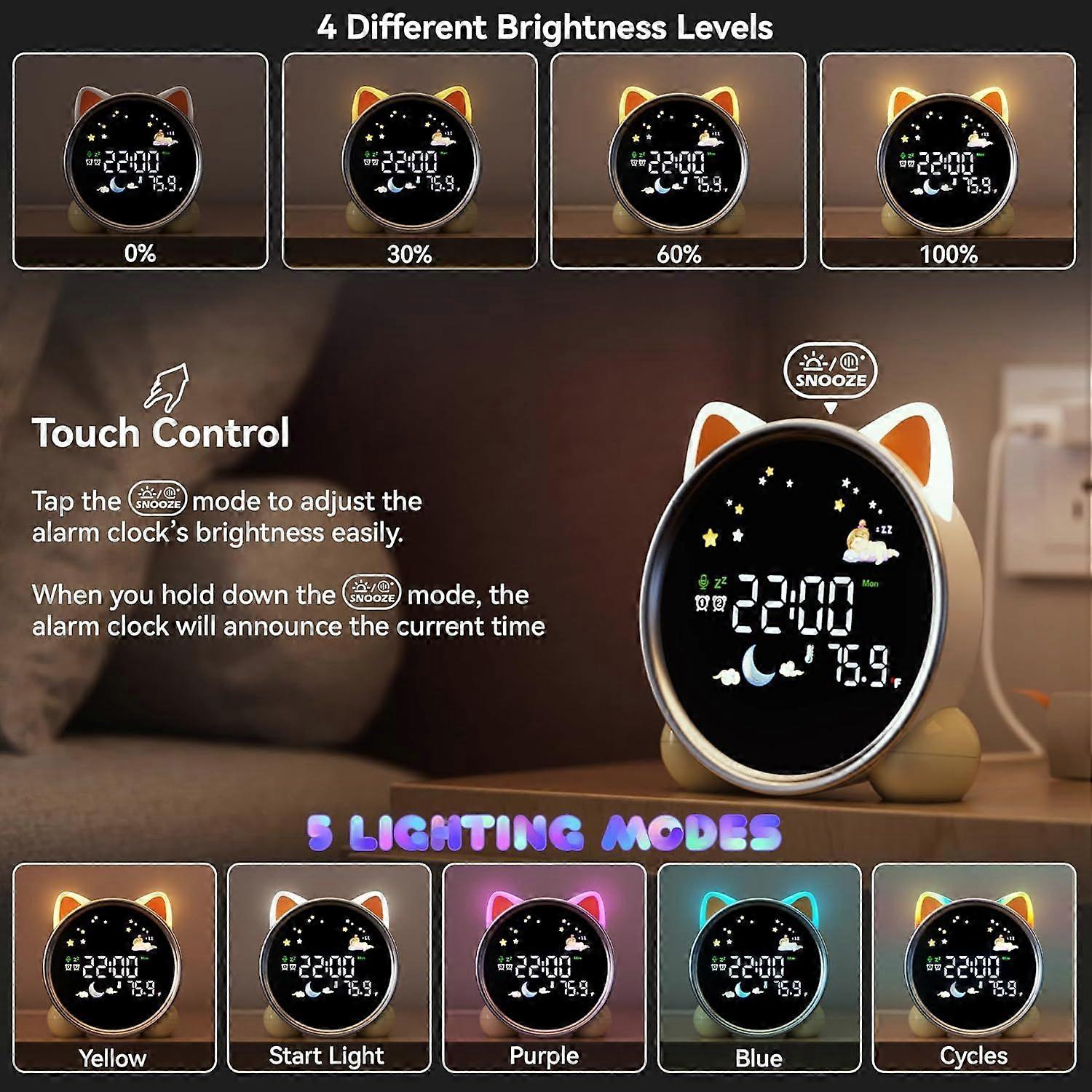 Cute Cat Kids Alarm Clock, Sleep Training Clock with Sun & Moon, Sleep Sound Machine, Timer Night Light, OK to Wake Clock