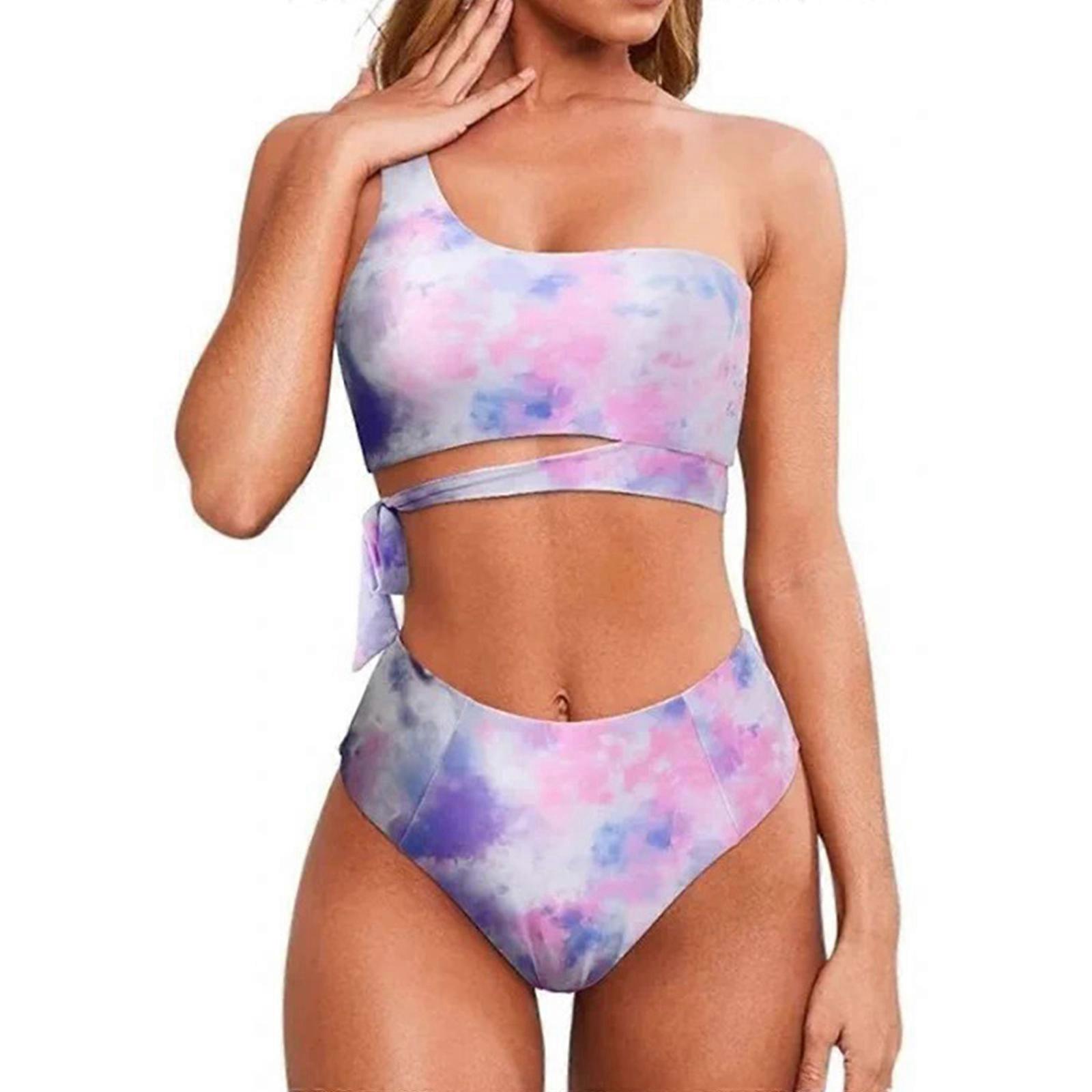 Femmes Deux Pièces Maillots De Bain Maillots De Bain Imprimé Léopard Maillots Bikinis Une Épaule Ensemble Maillot De Bain À Lacets Pour Vacances Vêtements De Plage Tie Dye XL