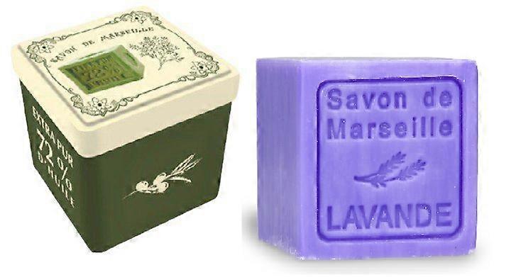 Metal soap tin square with print Savon de Marseille with soap block Lavender – Vintage stock tin