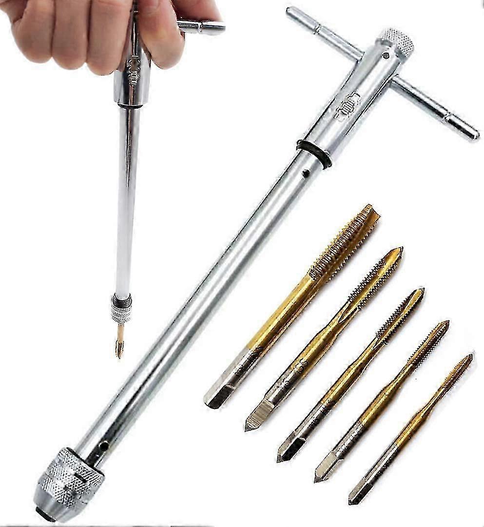 5pcs M3-m8 Tappi filettatura a vite Rivestimento in titanio Rubinetto a mano Hss Metric Tap And Die Tapping Tool Set con maniglia a T lunga regolabile Porta rubinetto a cricchetto Chiave