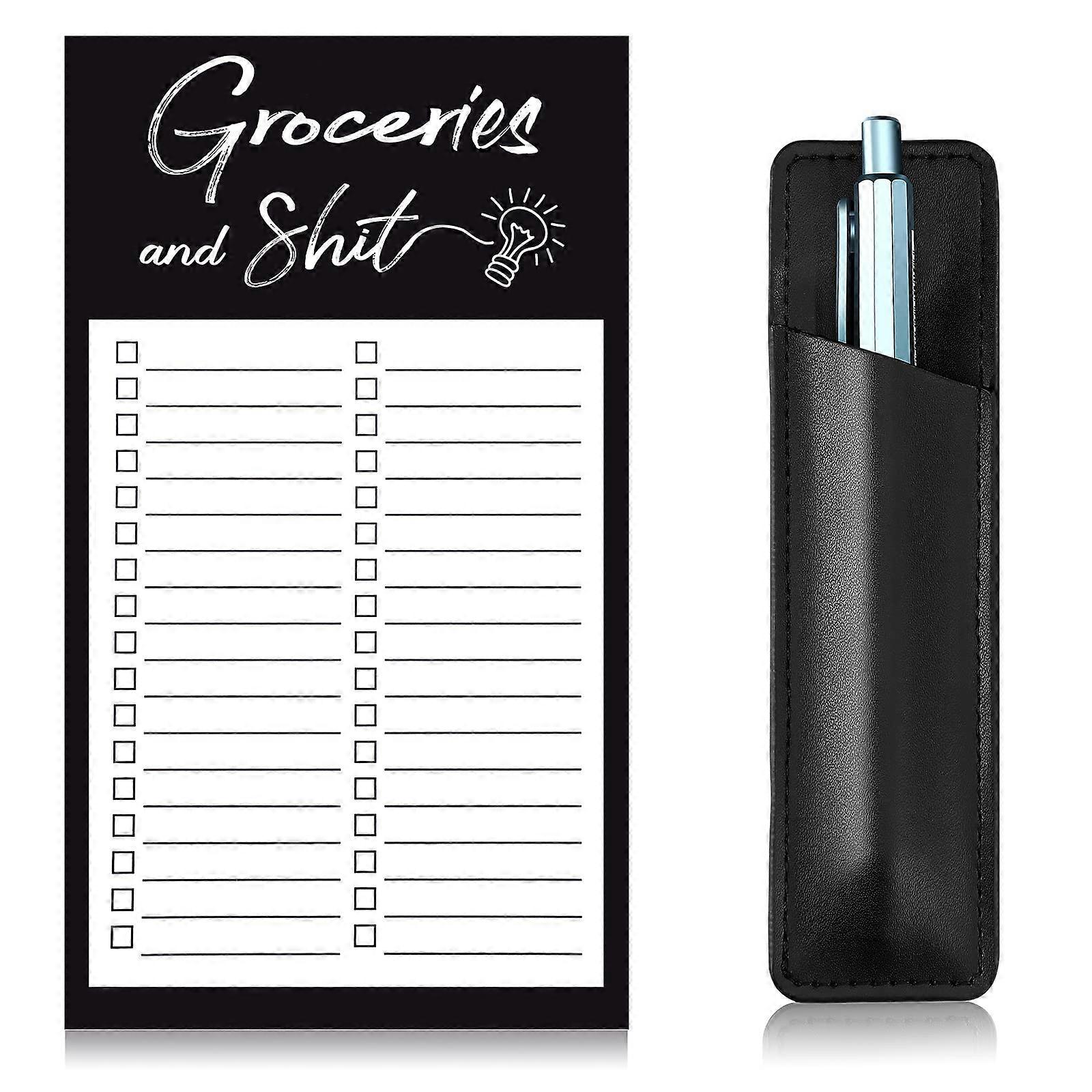 Grocery List Pads, Funny Notepad, Fridge Notepad, 1-Piece Pen Holder, Magnetic Leather Marker Pouch, Black Classic Style