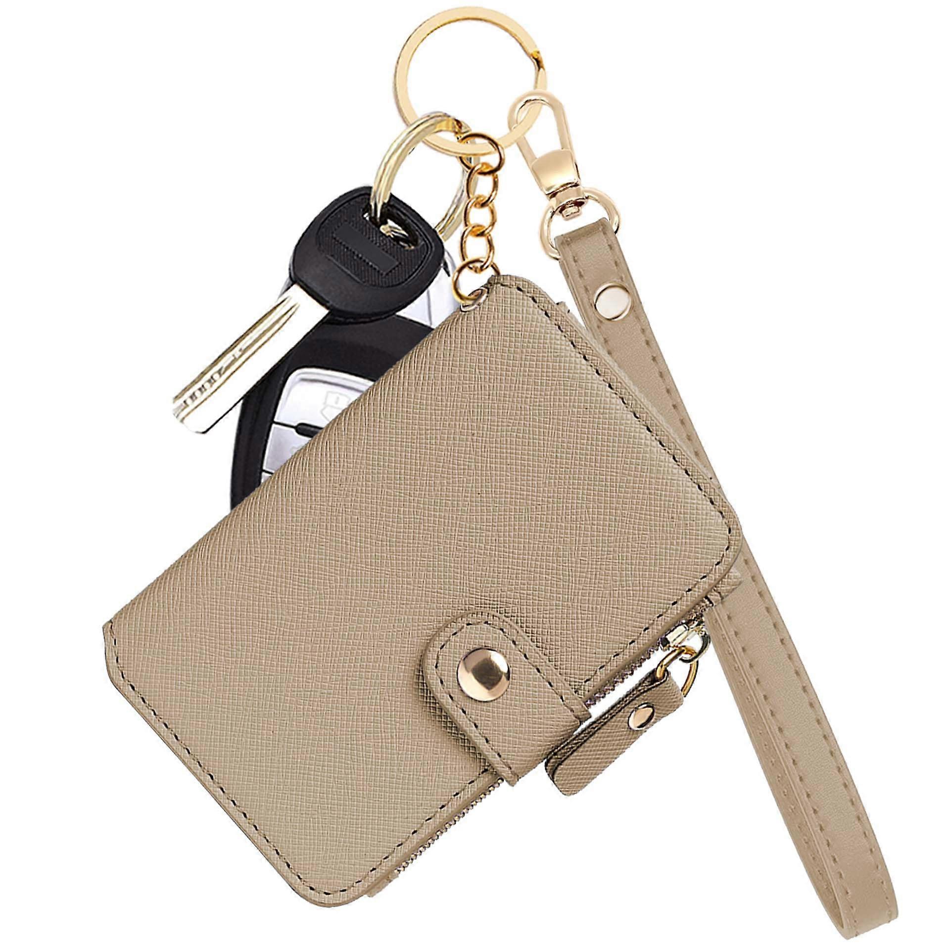 Leather Women's Wallet with Keychain, Zippered Identity Window, Wrist Hanger, Gift Box, Khaki Color
