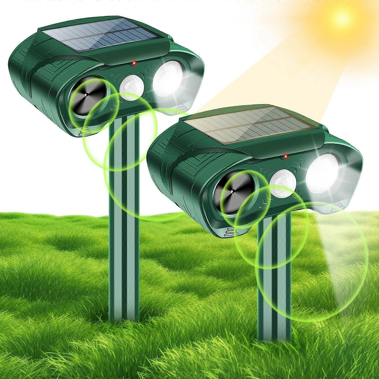 Ultrasonic Animal Repellent 2 PCS Solar Powered Waterproof Motion Sensor with LED Strobe Light for Cats Squirrels Raccoons Deer Foxes