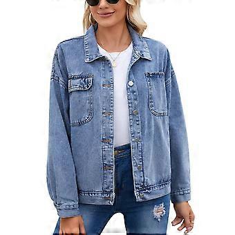 Frauen Jeansjacke Mantel Knopfleiste Langarm Brusttasche für das Büro im Freien Winter