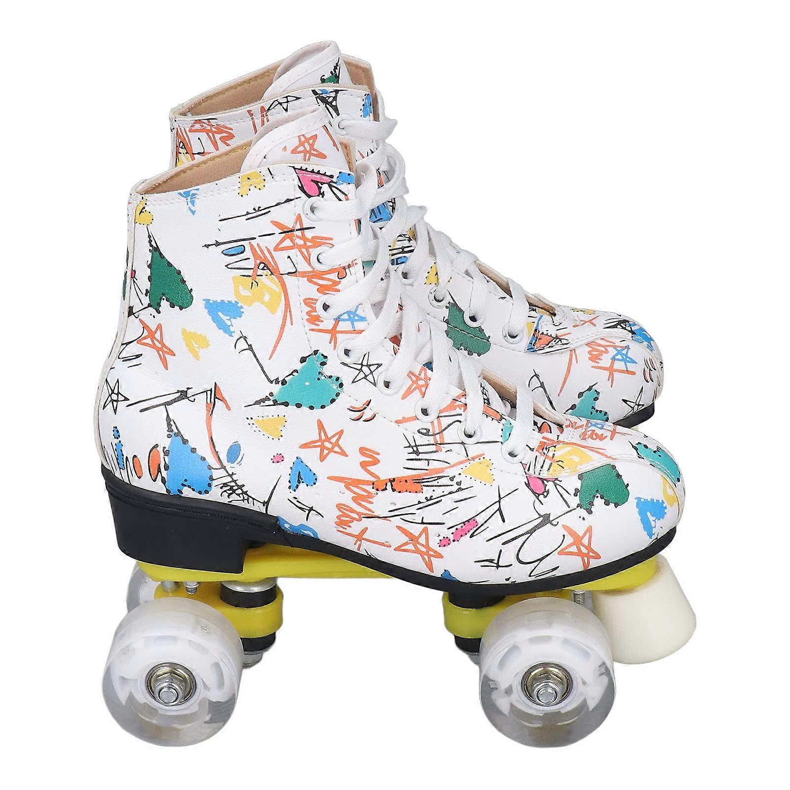 Rollschuhe, zweireihige 4-Rad-Rollschuhe, weiße Graffiti-Rollschuhe, Skateschuhe und Erwachsene (37)