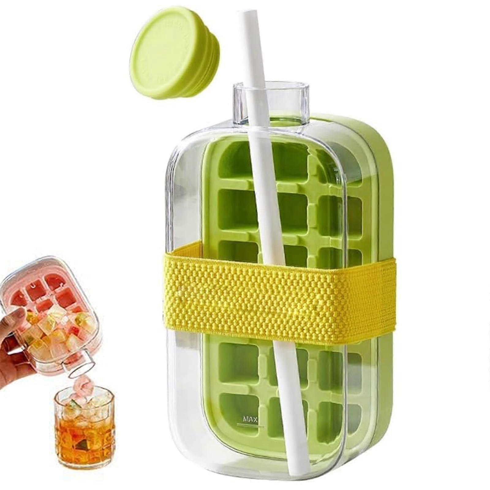 Ice Cube Bottle 800 ml Green - 2-in-1 Ice Cube Tray Water Bottle with Lid, Easy Release for Drinks and Juice