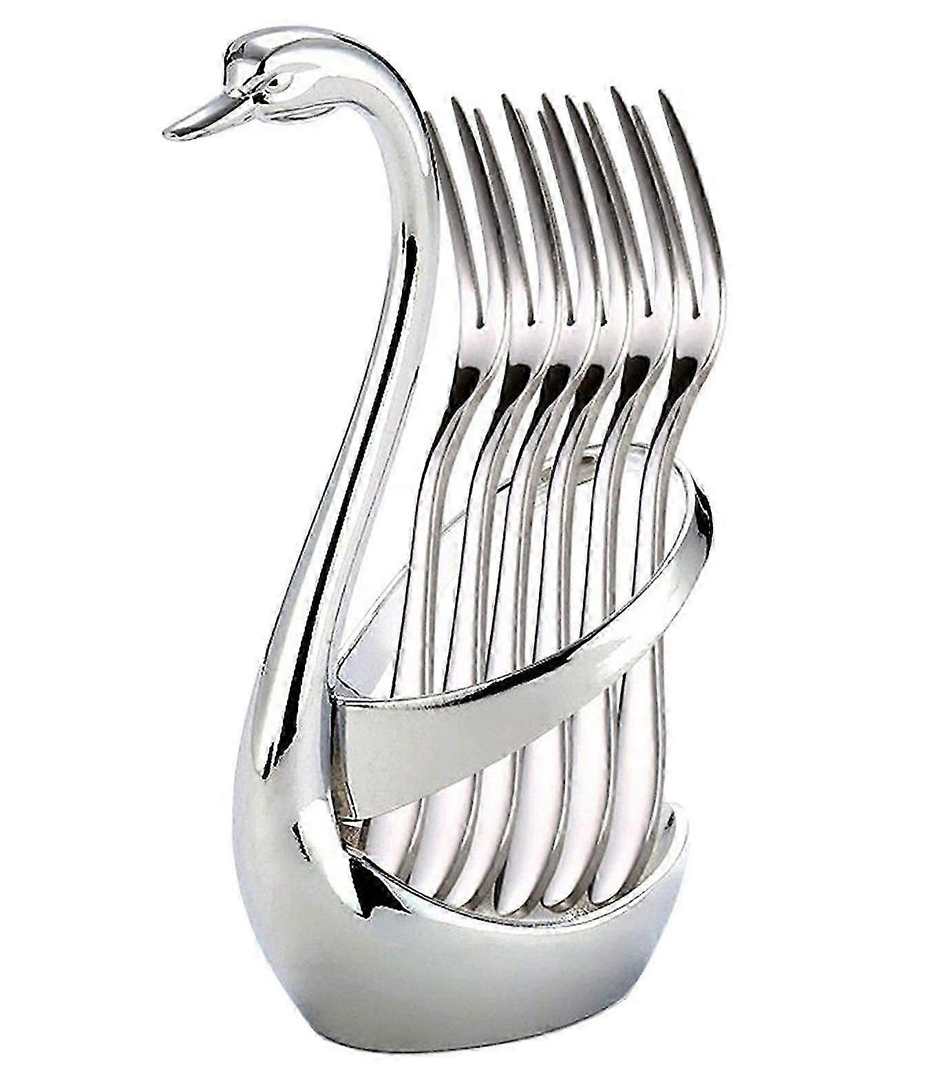 Stainless Steel Fruit Fork Set Swan Bottom Flatware Set with Storage Rack Holds 6 Forks for Cake Salad Cocktail Dessert Marshmallow Fork Small Fork Di