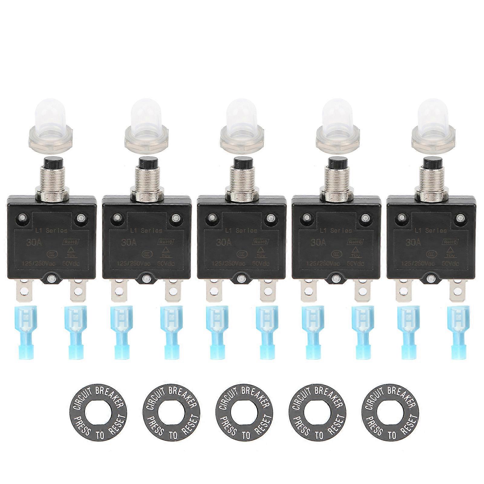 25PCS 30Amp Thermal Circuit Breaker 125‑250VAC 50VDC with Quick Connect Terminals Waterproof Button Cap Kit