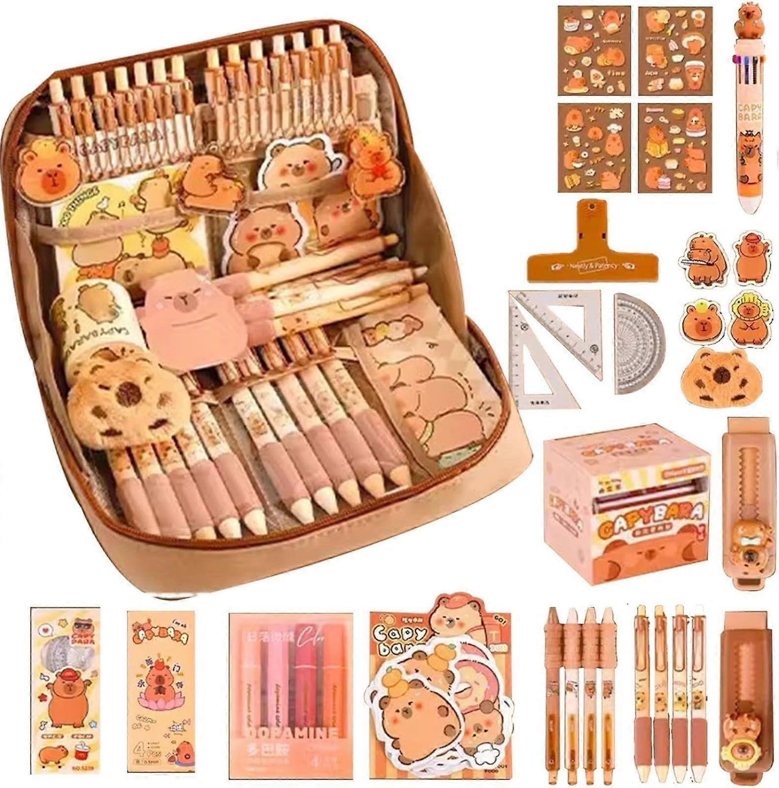 Capybara Stationery Set with Pencils, Rulers, Erasers, and Pens, Cute Capybara Pencil Case Organizer for Students