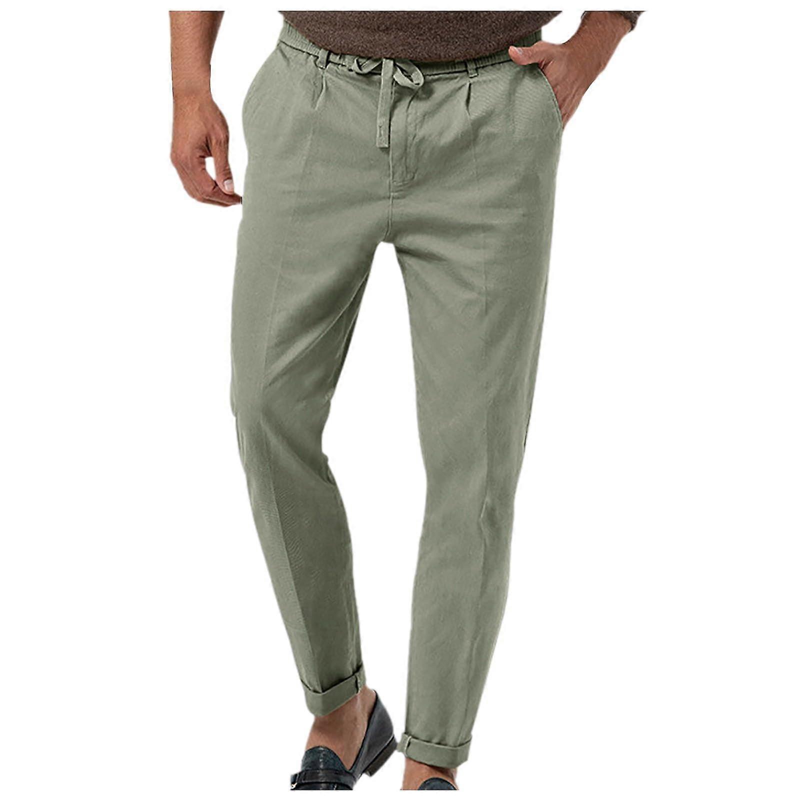 Men's linen pants with drawstring pockets, summer linen trousers, solid color loosefit, lightweight stretch A4light green XL