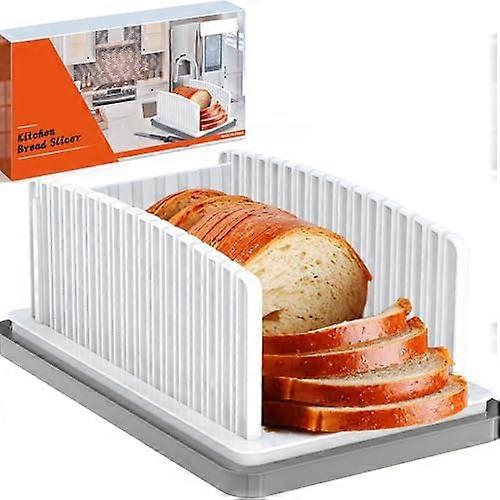 Adjustable bread slicer with crumb tray, foldable handle for uniform homemade bread slices