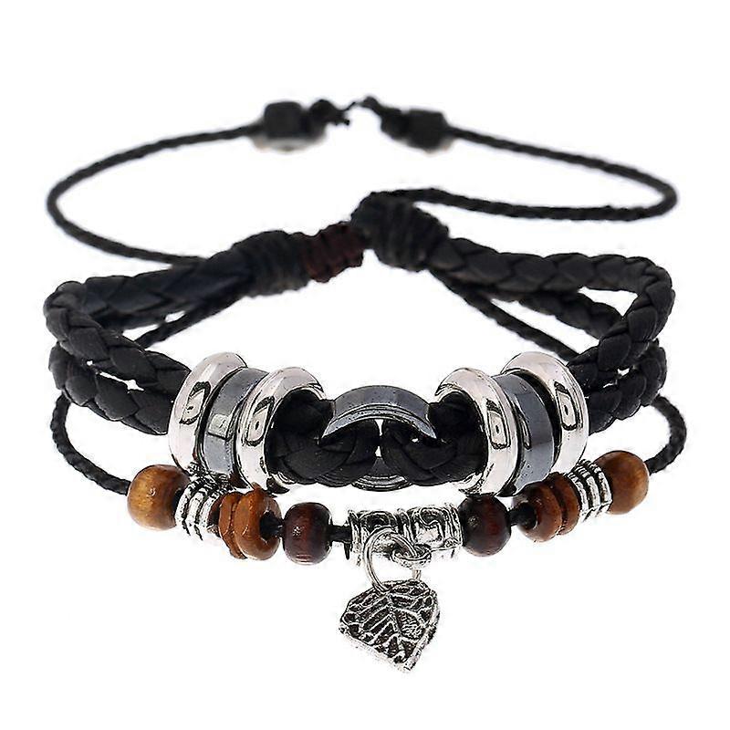 Leaf pendant men's leather bracelet -  Leaf pendants multi-layer braided bracelets -  Leaf pendant string string woven bracelet