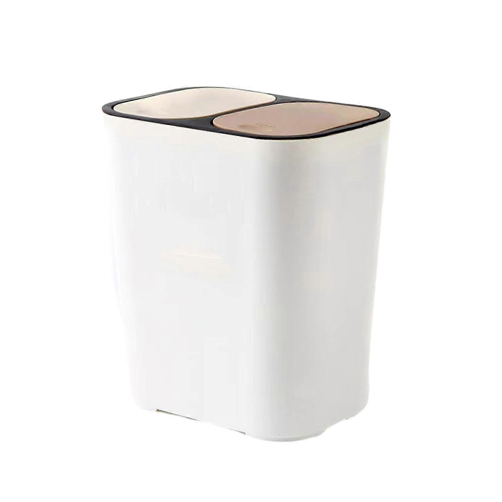 Trash Can Rectangular Plastic Durable With Push Button Lid Easy To Sort Two-Compartment Wheelie Bin White 29x21x33 cm