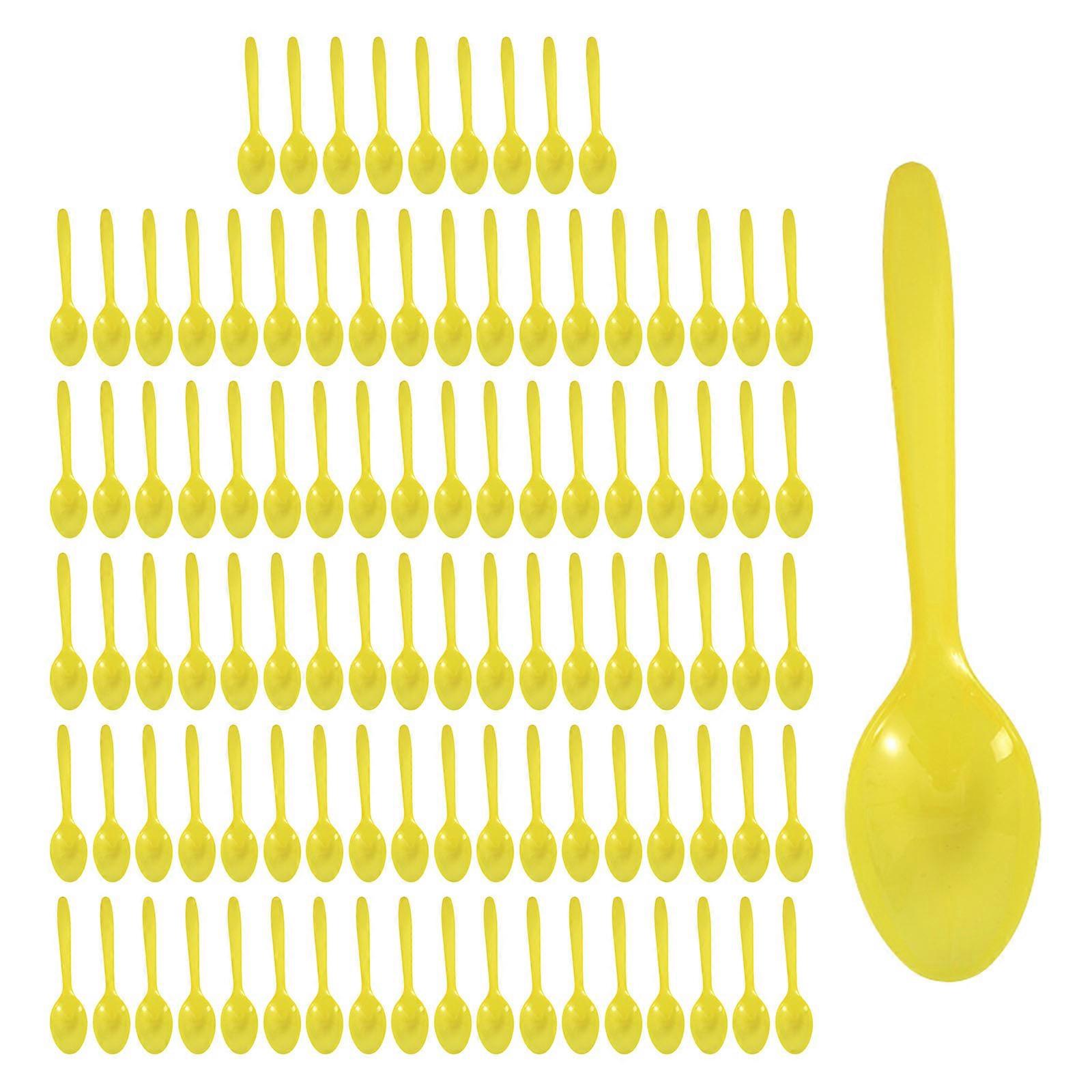 100pcs Disposable Clear Plastic Soup Spoons Microwave Safe Ice Cream Teaspoons for Gatherings Portable Party Tableware Yellow