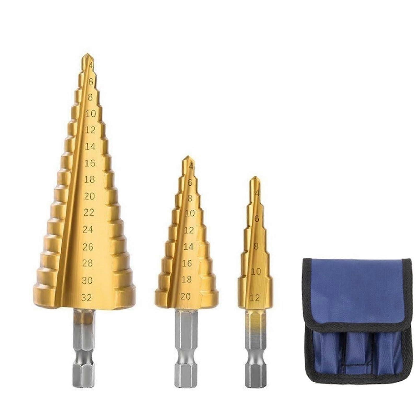 3-Piece Step Drill Bit Set 4-12 4-20 4-32 Ti Cobalt Coated Hexagonal Groove Metal Core Hole Opener